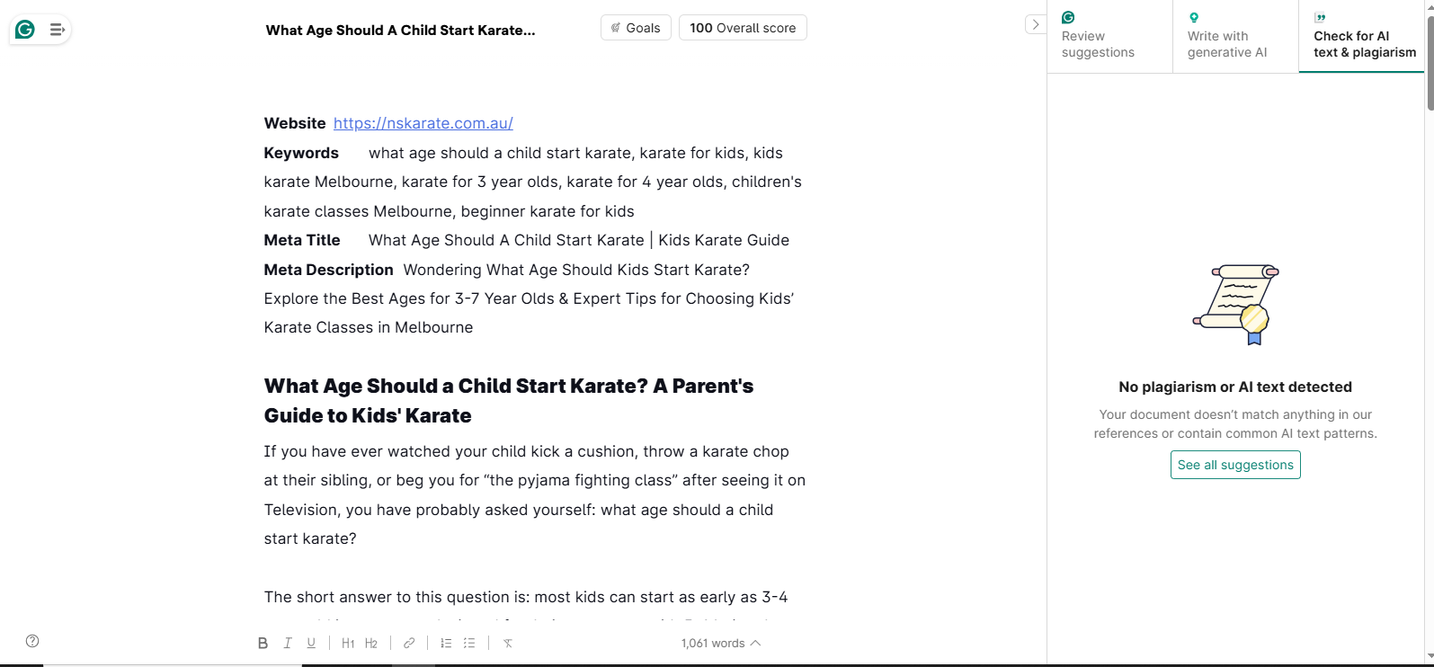 Content Uniqueness Screenshot - No plagiarism or AI text detected